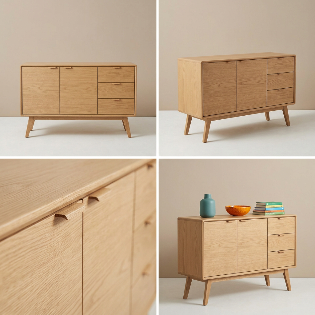 Four-image grid of teak sideboard views and details