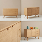 Four-image grid of teak sideboard views and details
