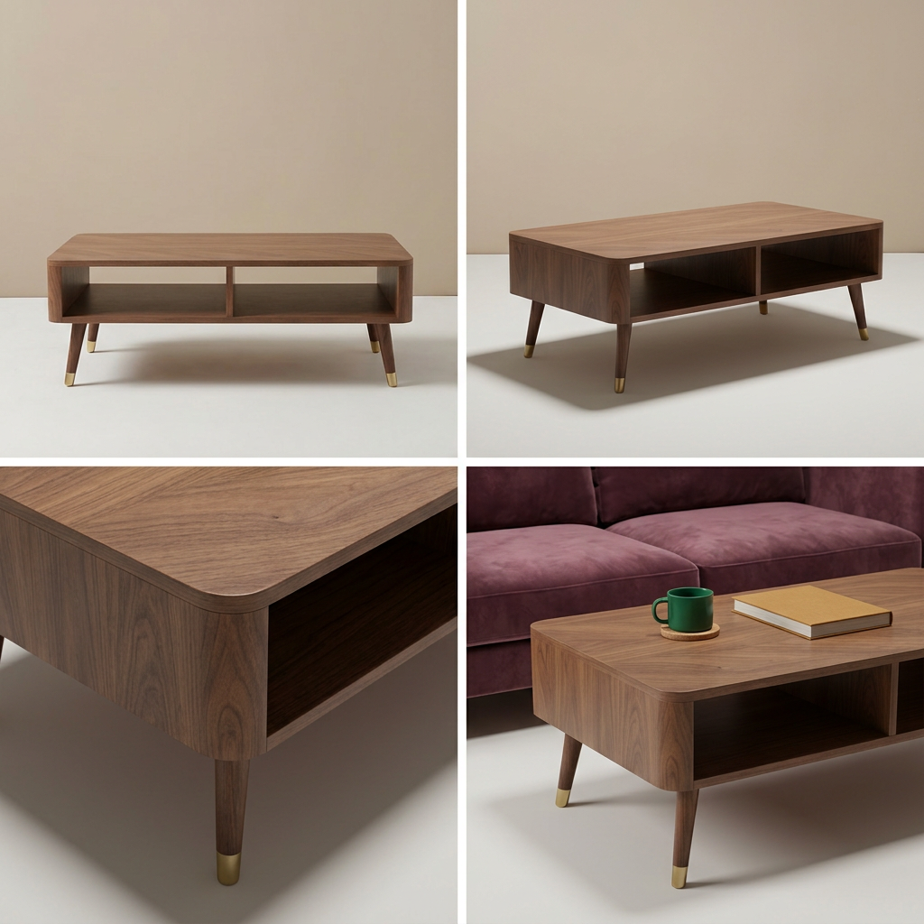 Four-image grid of teak coffee table views and details