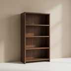 Dark brown teak bookshelf with four open compartments