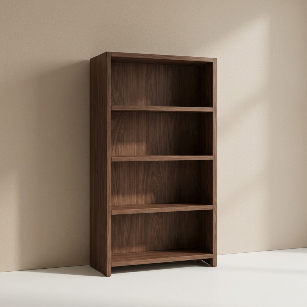 Dark brown teak bookshelf with four open compartments