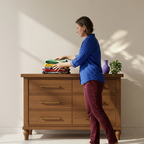 Person placing folded clothing on the mocha teak dresser