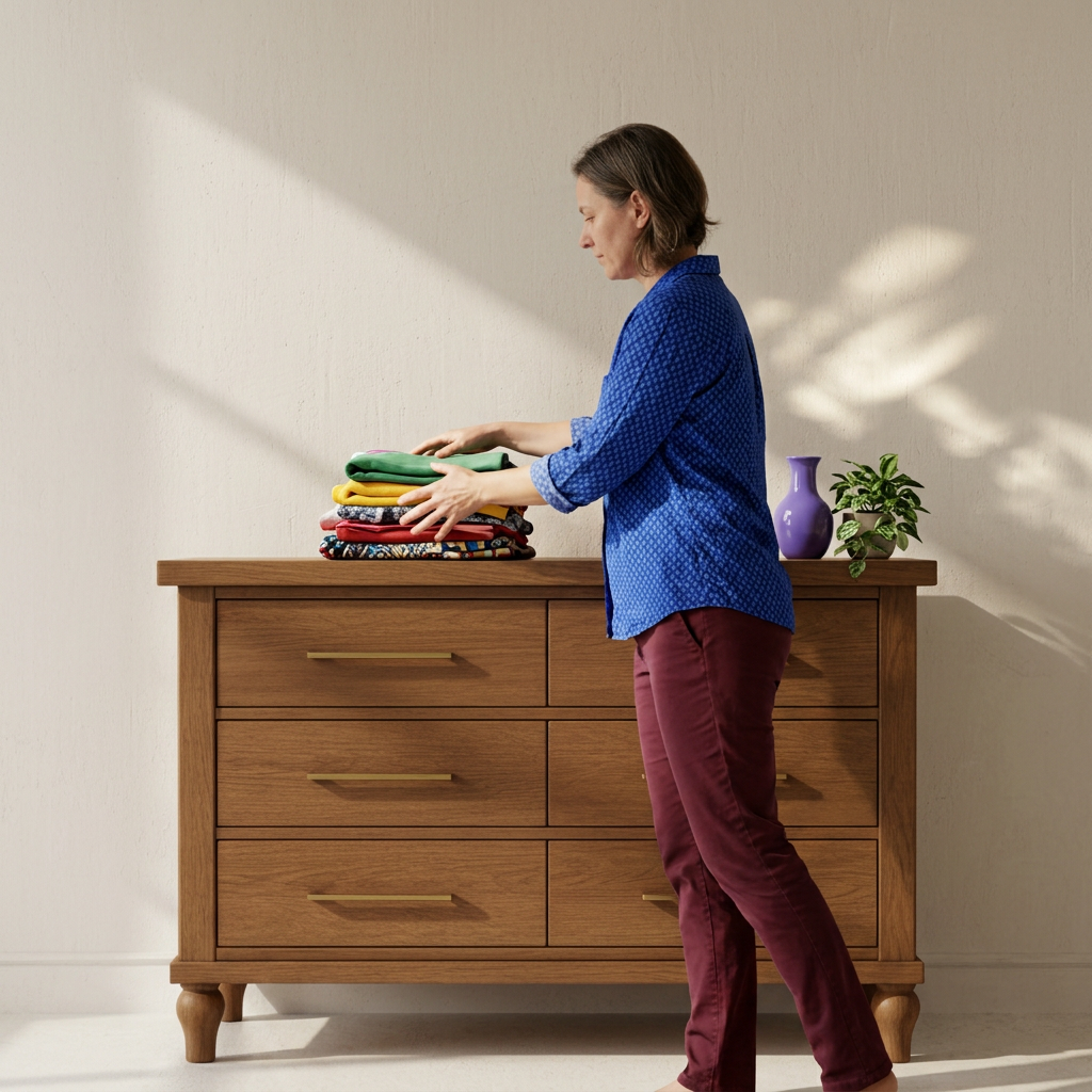 Person placing folded clothing on the mocha teak dresser