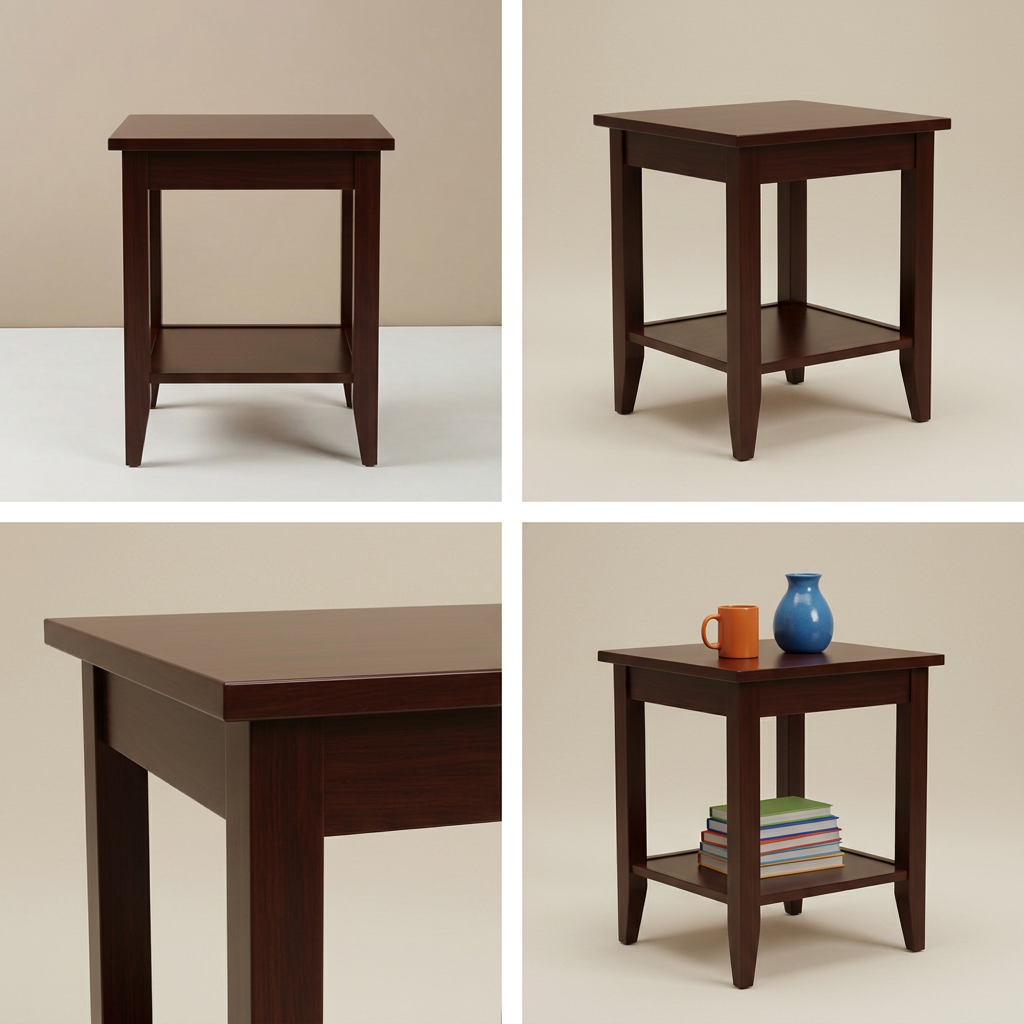 Four-image grid of espresso side table views and details