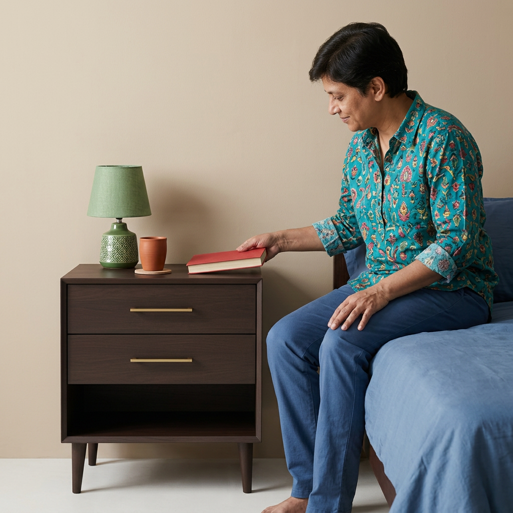 Person placing a book on the espresso teak nightstand