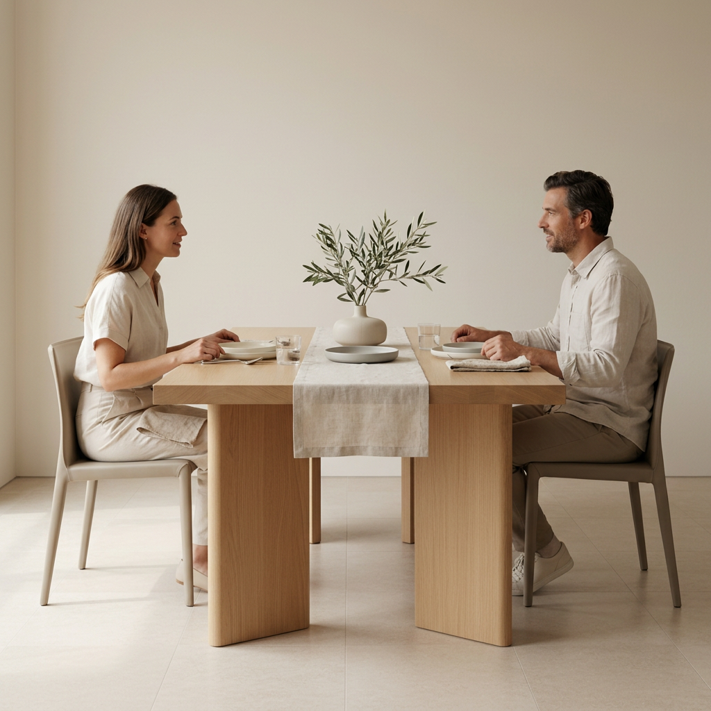 People dining at the architectural teak wood table