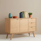 Teak sideboard styled with colorful ceramics and greenery