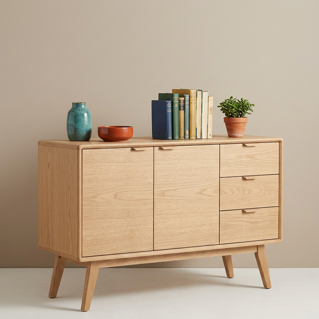 Teak sideboard styled with colorful ceramics and greenery