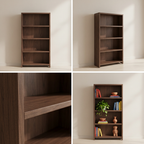 Four-image grid of teak bookshelf views and details