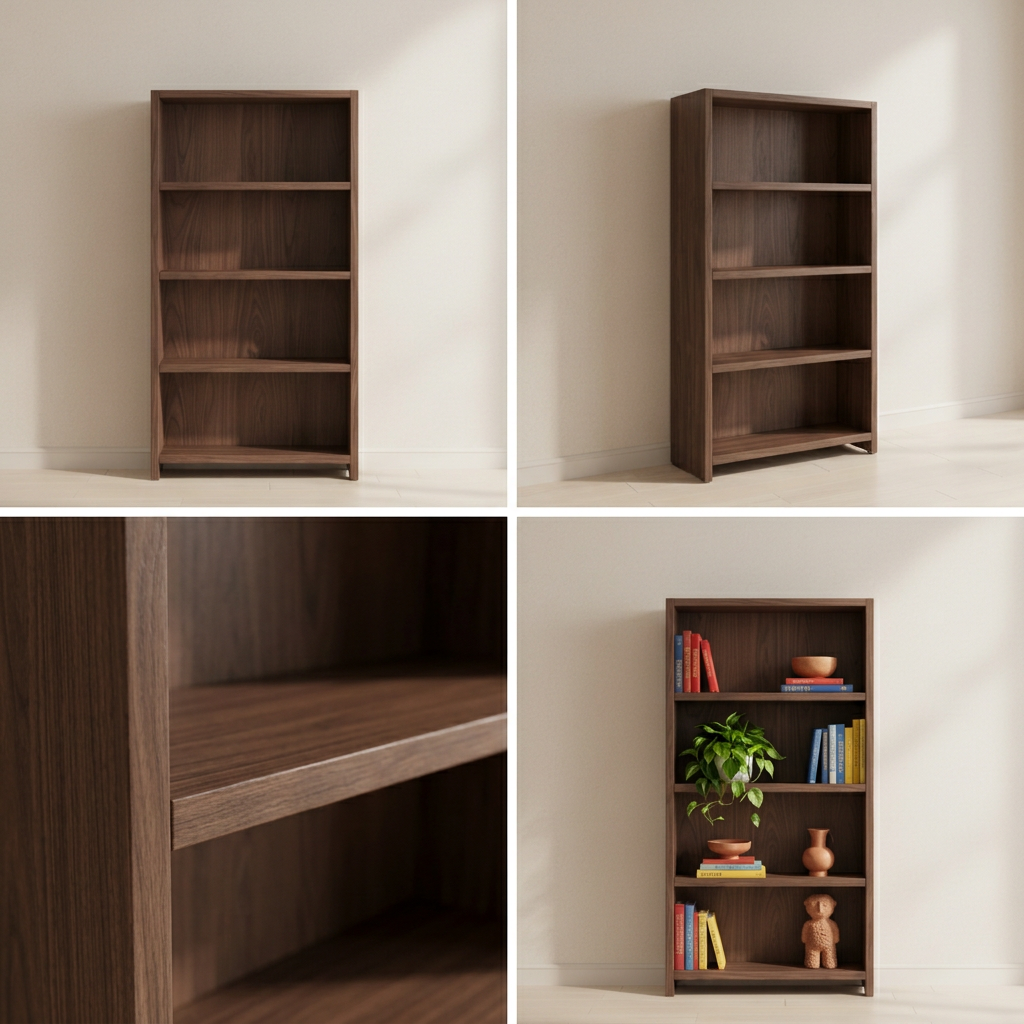 Four-image grid of teak bookshelf views and details