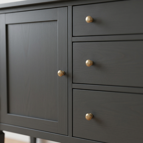 Close-up of charcoal sideboard panel detailing and round knobs