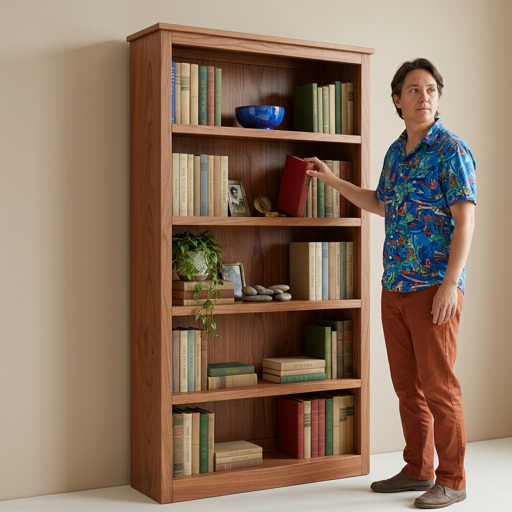 Person selecting a book from the tall teak bookshelf