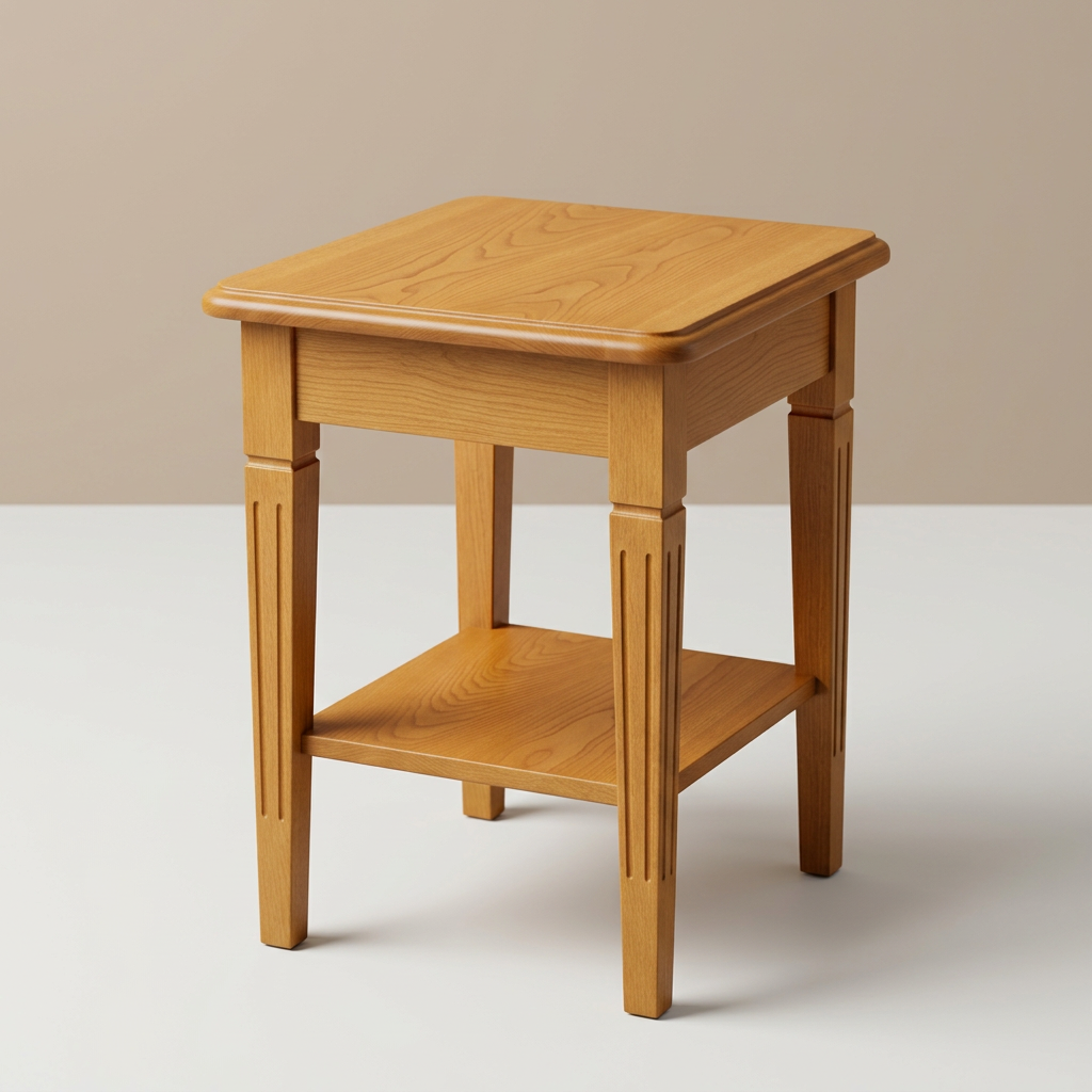 Teak wood side table with lower shelf on a neutral background