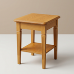 Teak wood side table with lower shelf on a neutral background