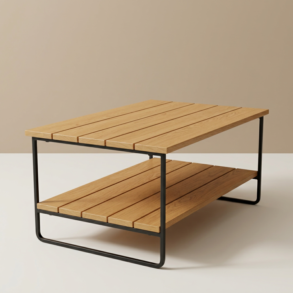 Slatted teak wood coffee table with black metal frame and lower shelf