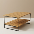 Slatted teak wood coffee table with black metal frame and lower shelf