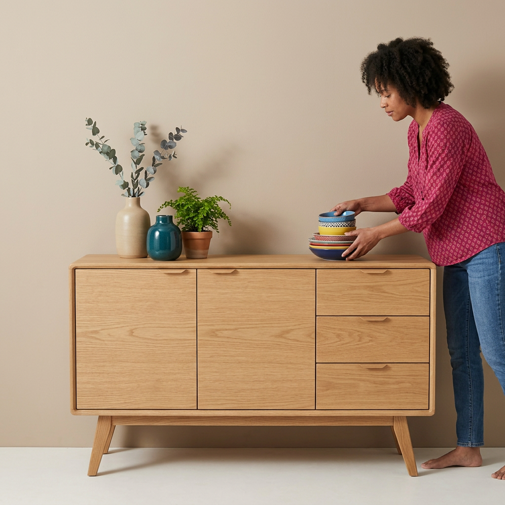 Person arranging ceramics on the teak sideboard