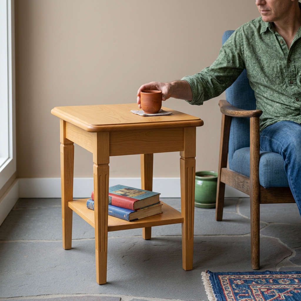 Person placing a cup on the teak side table