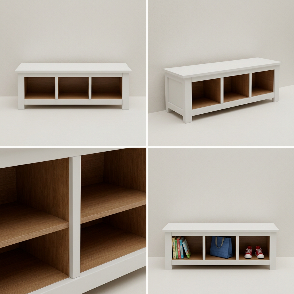 Four-image grid of storage bench views and details