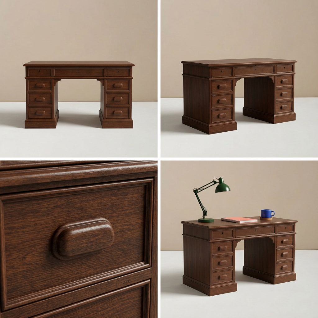 Four-image grid of teak writing desk views and details