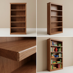 Four-image grid of teak bookshelf views and details