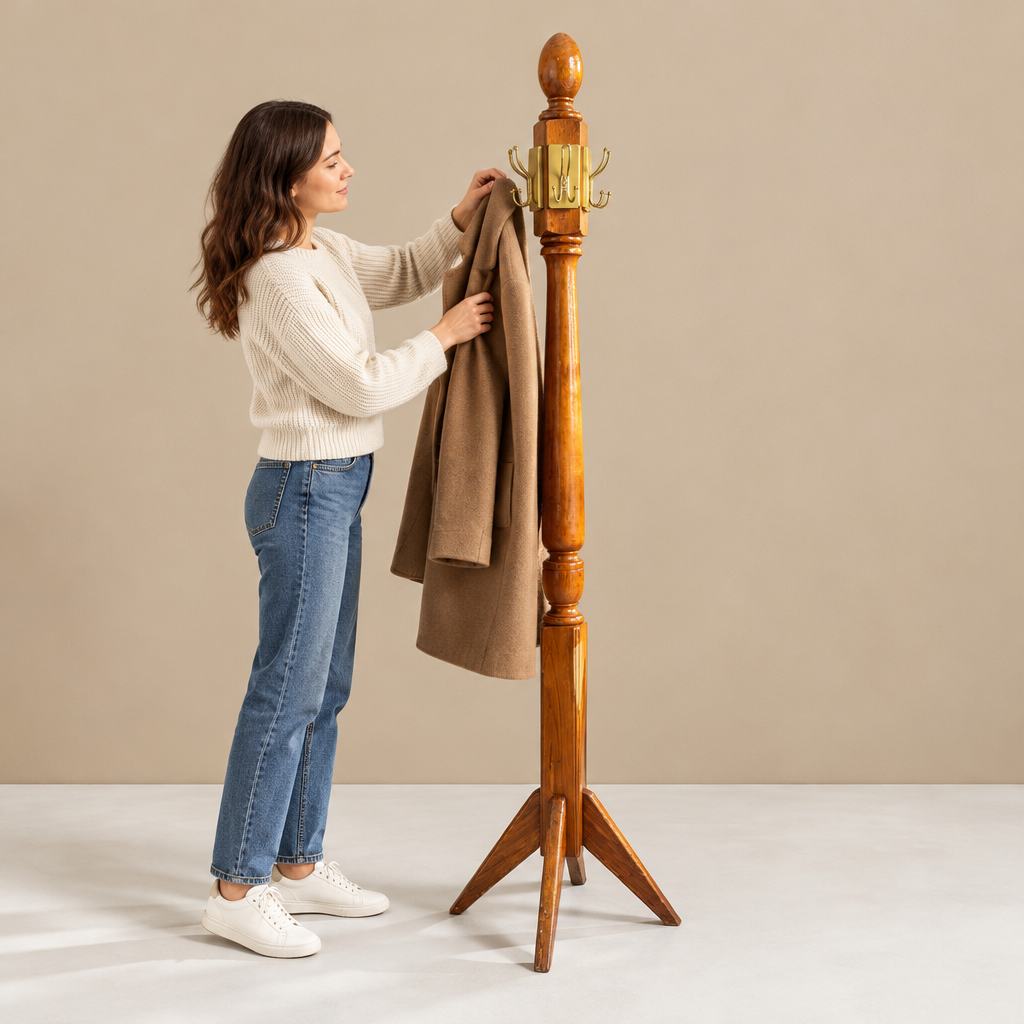 Model using the coat rack