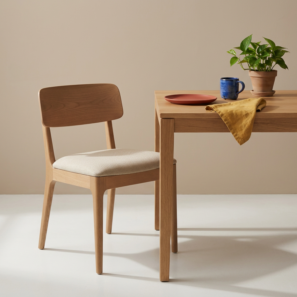 Teak dining chair styled with colorful accessories